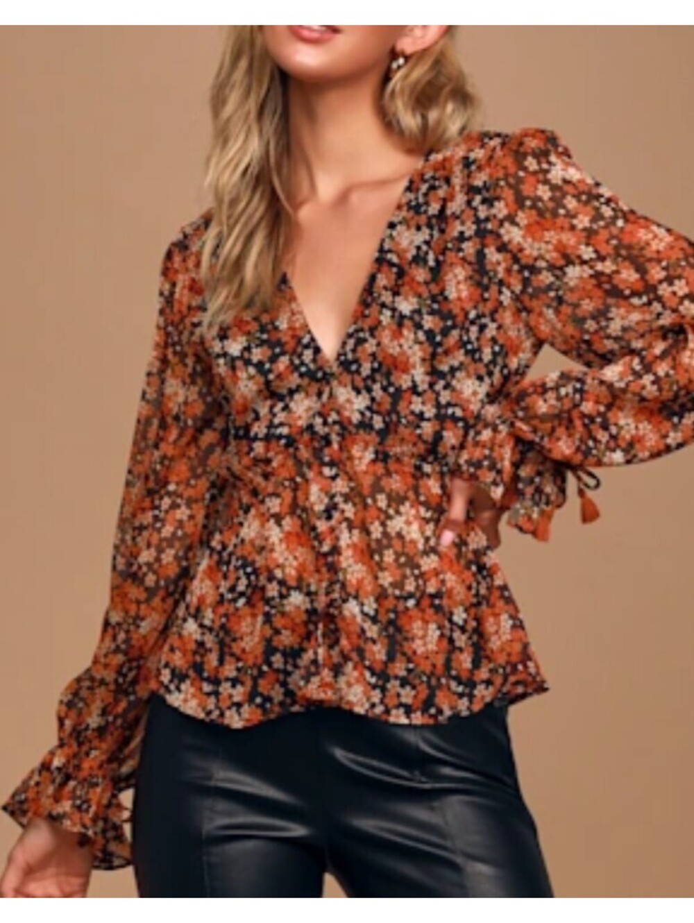 LULUS black red sheer long sleeve blouse sz S